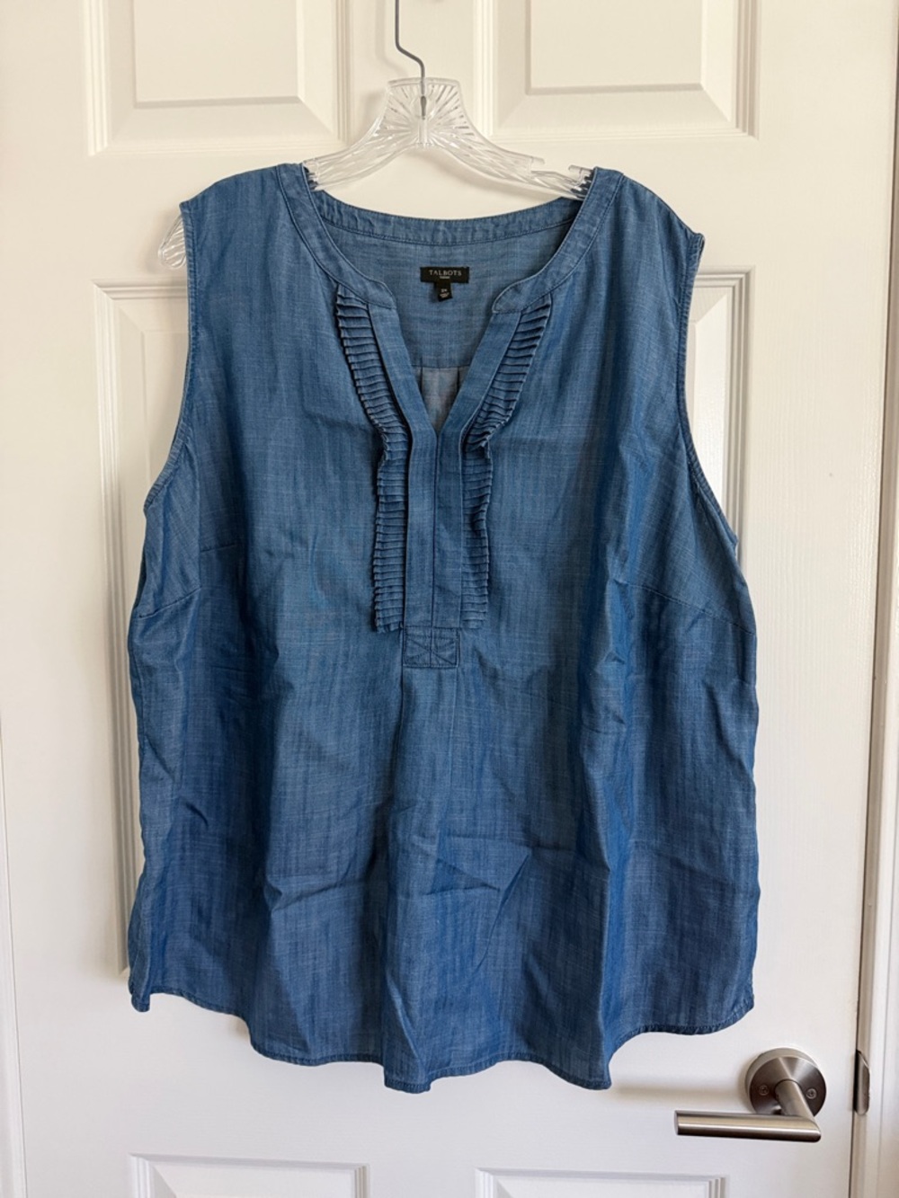 Talbots Blue Sleeveless Chambray Tank with Pleated V-Neck Trim